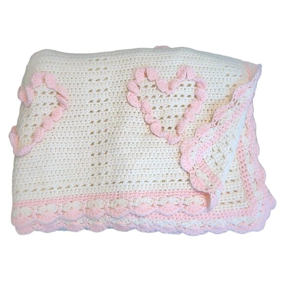 Vintage Handmade Baby Blanket for Girls White Pink Hearts Nursery Knit Throw - Picture 6 of 8